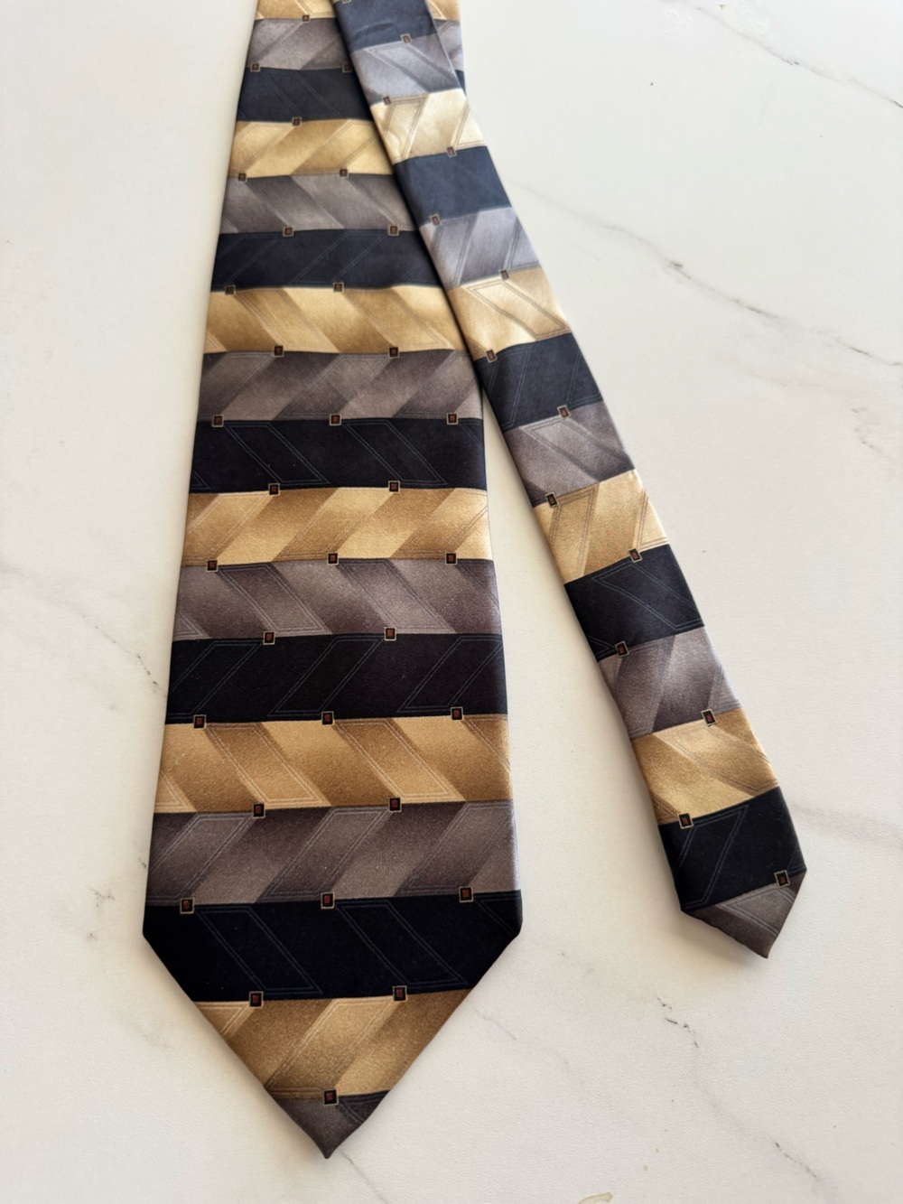 Bocca Classics 100% Silk Geometric Stripe Necktie Brown Gold Black